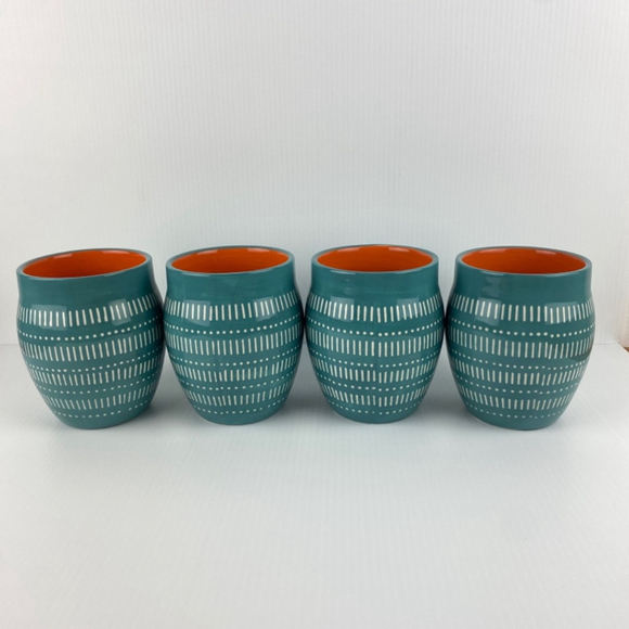 Baum Tangier Turquoise Mug Set of 4 Ceramic Coffee Cups Orange Inside 19 Oz - Picture 6 of 9